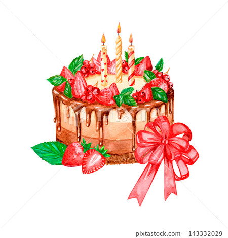 Chocolate berry cake, watercolor illustration, strawberries, blackcurrants, mint sprigs. Chocolate berry cake, watercolor illustration, strawberries, blackcurrants, mint sprigs. 143332029