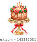 Chocolate berry cake, watercolor illustration, strawberries, blackcurrants, mint sprigs. 143332031