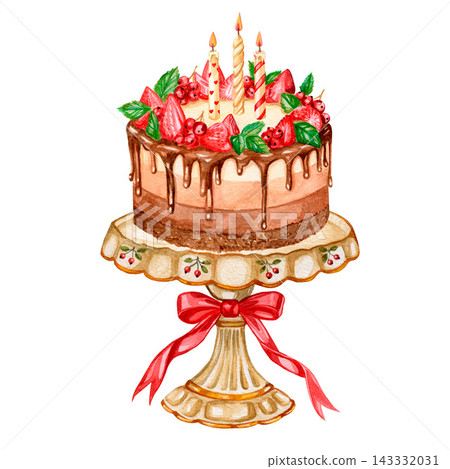 Chocolate berry cake, watercolor illustration, strawberries, blackcurrants, mint sprigs. Chocolate berry cake, watercolor illustration, strawberries, blackcurrants, mint sprigs. 143332031