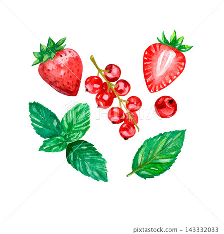 Strawberries, currants and mint leaves Strawberries, currants and mint leaves 143332033