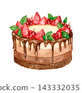 Chocolate berry cake, watercolor illustration, strawberries, blackcurrants, mint sprigs. 143332035