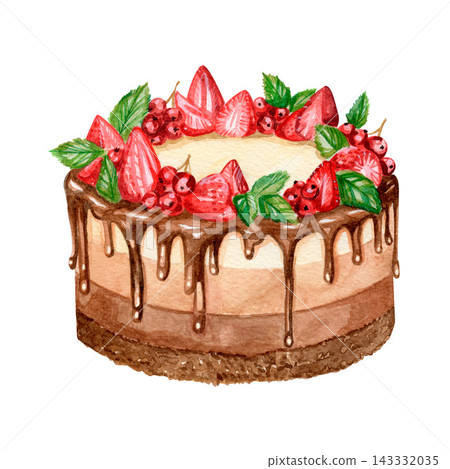 Chocolate berry cake, watercolor illustration, strawberries, blackcurrants, mint sprigs. Chocolate berry cake, watercolor illustration, strawberries, blackcurrants, mint sprigs. 143332035