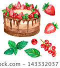 Chocolate berry cake, watercolor illustration, strawberries, blackcurrants, mint sprigs. 143332037