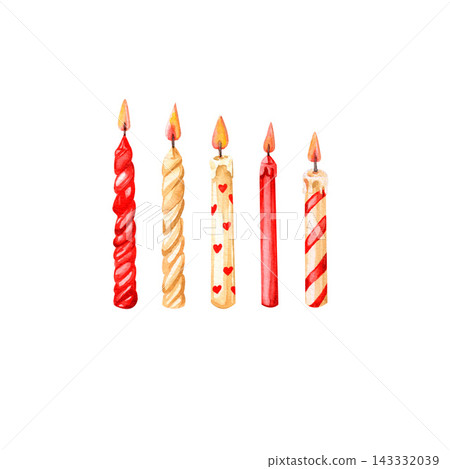Candles, bows and ribbons, cake stand, holiday set for greeting cards, congratulations and packaging Candles, bows and ribbons, cake stand, holiday set for greeting cards, congratulations and packaging 143332039
