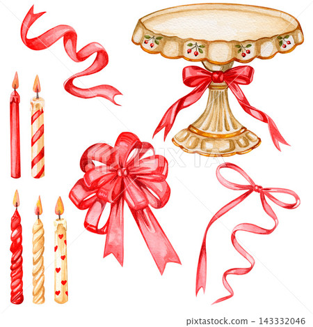 Candles, bows and ribbons, cake stand, holiday set Candles, bows and ribbons, cake stand, holiday set 143332046