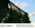 low angle building upward, sky background clouds, ivy covering facade, wrought iron balcony detail 143332222