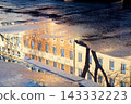 Reflection of Classical Architecture in a Rain Puddle on Asphalt 143332223
