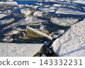 Arctic Blue Melting Ice Floes Floating on Deep Water Surface during Winter Season 143332231