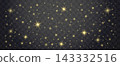 Golden star pattern on black background with glittering sparkles and shimmering light effects, ideal for festive night sky themes and galaxy-inspired creative projects. 143332516
