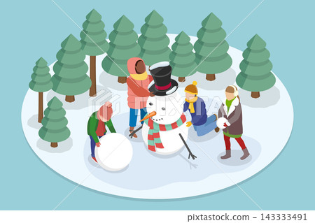 3D Isometric Flat Vector Illustration of Christmas Time, ChildrenS Winter Outdoor Fun, Building A Snowman In Spare Time 3D Isometric Flat Vector Illustration of Christmas Time, ChildrenS Winter Outdoor Fun, Building A Snowman In Spare Time 143333491