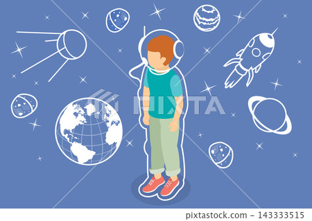 3D Isometric Flat Vector Illustration of Boy Astronaut, A Kid In Fictional Spacesuit Amidst Stars And Planets Of Solar System. 3D Isometric Flat Vector Illustration of Boy Astronaut, A Kid In Fictional Spacesuit Amidst Stars And Planets Of Solar System. 143333515