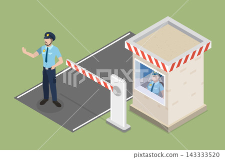3D Isometric Flat Vector Illustration of Secure Parking, Guarded Security Post With Restricted Entrance Barrier. 3D Isometric Flat Vector Illustration of Secure Parking, Guarded Security Post With Restricted Entrance Barrier. 143333520