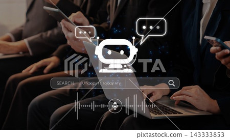 People Using Technology with Chatbot Illustration for Communication, Innovation and Digital Interaction in Modern Work Environment. Raster People Using Technology with Chatbot Illustration for Communication, Innovation and Digital Interaction in Modern Work Environment. Raster 143333853