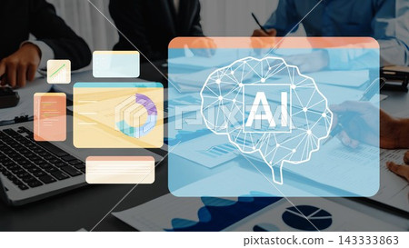 Futuristic Business Meeting with AI Technology, Digital Analytics, and Graphs in a Professional Workspace Setting, Innovation Concept for Modern Enterprises Gluon 143333863