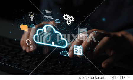 Person Typing on Keyboard with Cloud Storage Icons and Digital Interface Elements Representing Data Management and Technology Concepts. Entropy 143333864