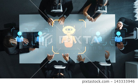 Modern Business Meeting with Virtual Reality Technology and AI Integration in a Corporate Setting. Raster Modern Business Meeting with Virtual Reality Technology and AI Integration in a Corporate Setting. Raster 143333946