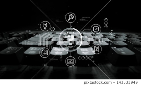 Modern Keyboard with Digital Icons Representing Search, Question, and Information Gatherings on a Dark Background for Technology and Communication Themes. Entropy Modern Keyboard with Digital Icons Representing Search, Question, and Information Gatherings on a Dark Background for Technology and Communication Themes. Entropy 143333949