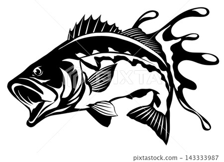 A sharp and cool black and white paper cutout illustration of a largemouth bass. 143333987