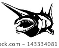 A monochrome, paper-cut style illustration of a deep-sea fish with sharp lines. 143334081