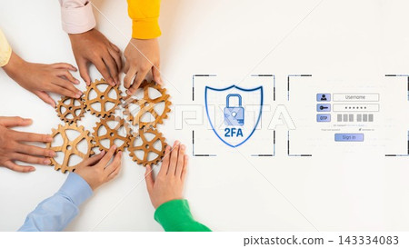 Collaboration in Cybersecurity: Hands Working Together with Gears and Digital Security Interface Signifying Two-Factor Authentication and Data Protection. Raster Collaboration in Cybersecurity: Hands Working Together with Gears and Digital Security Interface Signifying Two-Factor Authentication and Data Protection. Raster 143334083