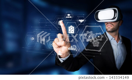 Businessman Using Virtual Reality Technology to Interact with Digital Interface and Access Information in Modern Workplace Environment. Raster Businessman Using Virtual Reality Technology to Interact with Digital Interface and Access Information in Modern Workplace Environment. Raster 143334149