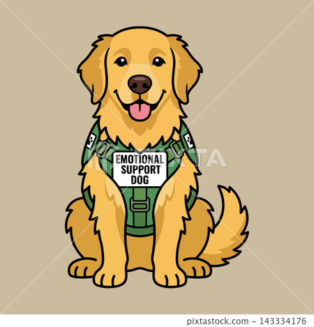 Golden Retriever Emotional Support Dog Sitting in Green Vest, Illustration.  143334176