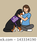 Psychiatric Service Dog Hugging Woman, Bernese Mountain Dog Emotional Support Animal Illustration.  143334190