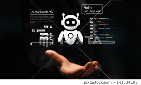Futuristic AI Assistant Concept with Chat Interface and Coding Elements, representing Technology and Innovation in Digital Communication Business. Entropy Futuristic AI Assistant Concept with Chat Interface and Coding Elements, representing Technology and Innovation in Digital Communication Business. Entropy 143334198