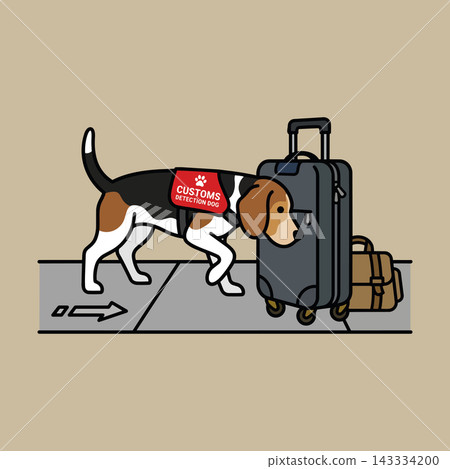 Customs Detection Beagle Dog Sniffing Luggage Bag Illustration.  143334200
