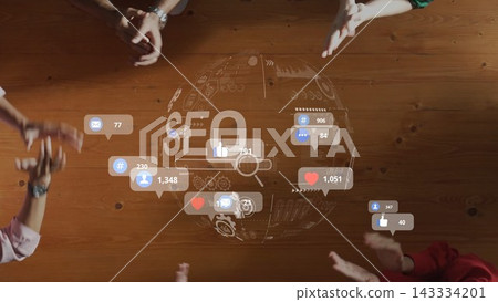 Collaborative Digital Marketing Strategies with Social Media Engagement and SEO Concepts Illustrating Global Connectivity and Online Presence. Raster Collaborative Digital Marketing Strategies with Social Media Engagement and SEO Concepts Illustrating Global Connectivity and Online Presence. Raster 143334201