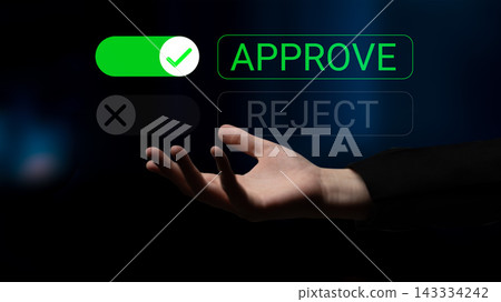 Hand Reaching Towards a Digital Screen Displaying Approve and Reject Buttons with Neon Colors and Dark Background. Glyphic Hand Reaching Towards a Digital Screen Displaying Approve and Reject Buttons with Neon Colors and Dark Background. Glyphic 143334242