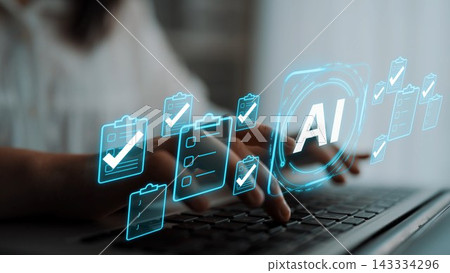 Futuristic Digital Interface Showcasing AI Technology with Checklists and Data Management Concepts in a Modern Workspace Setting. Entropy Futuristic Digital Interface Showcasing AI Technology with Checklists and Data Management Concepts in a Modern Workspace Setting. Entropy 143334296