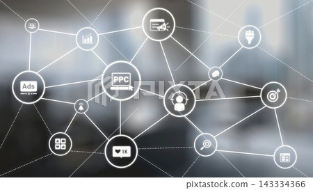 Marketing online strategy with digital advertising, PPC, social media and SEO icons Gist 143334366