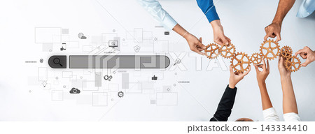 Team Collaboration Concept with Hands Holding Gears Over Search Bar Graphics Representing Innovation and Project Development in Business Environment Trope Team Collaboration Concept with Hands Holding Gears Over Search Bar Graphics Representing Innovation and Project Development in Business Environment Trope 143334410