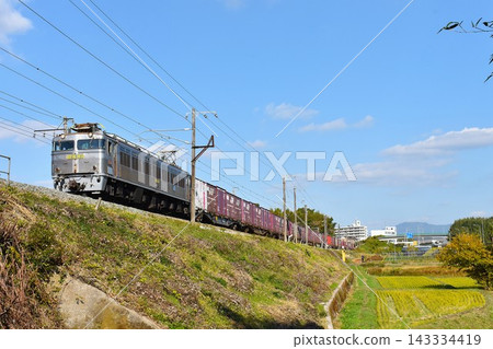 一輛電力機車和一列貨運列車正在鐵軌上行駛。 一輛電力機車和一列貨運列車正在鐵軌上行駛。 143334419