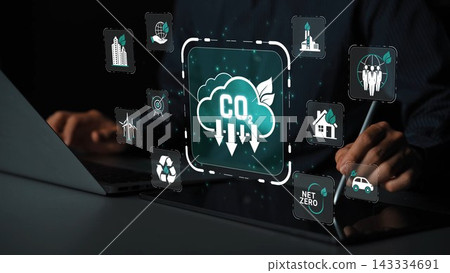 Modern digital illustration showcasing carbon emissions reduction concepts with various environmental icons in a workspace, emphasizing sustainability and innovation initiatives. Sigmoid Modern digital illustration showcasing carbon emissions reduction concepts with various environmental icons in a workspace, emphasizing sustainability and innovation initiatives. Sigmoid 143334691