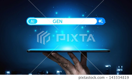 Digital Innovation Concept With Hand Holding Tablet Showcasing Artificial Intelligence Generation In A Futuristic City Background. Entropy 143334819
