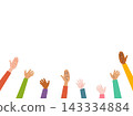 Multiple people in colorful clothing raising their hands_manga symbol 143334884