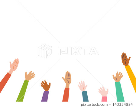 Multiple people in colorful clothing raising their hands_manga symbol Multiple people in colorful clothing raising their hands_manga symbol 143334884