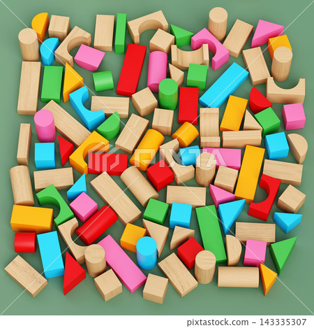 Colorful Wooden Geometric Building Blocks Scattered on Green Background 143335307