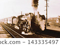 1968 (Showa 43): Commuter train pulled by a C62 locomotive, old-style passenger cars, Kure Line, Aki-Aga Station, Hiroshima Prefecture, documentary photograph. 143335497