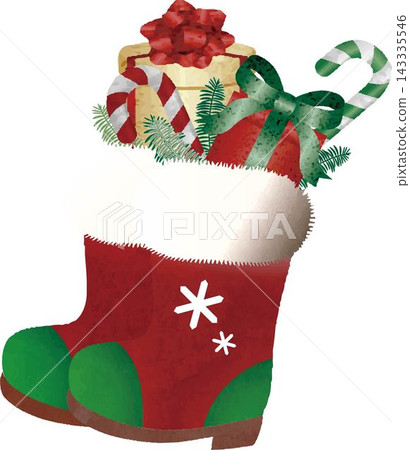 Christmas boots, stockings, presents, illustrations, Christmas decorations, watercolor, ornaments, designs, materials 143335546