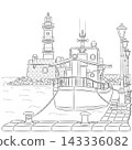 Chania Harbor with Lighthouse and Boat Vector Illustration 143336082