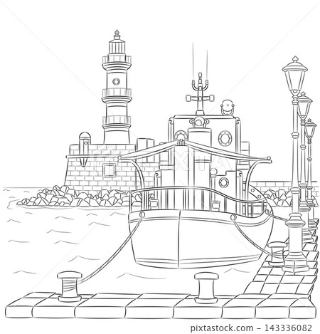 Chania Harbor with Lighthouse and Boat Vector Illustration 143336082
