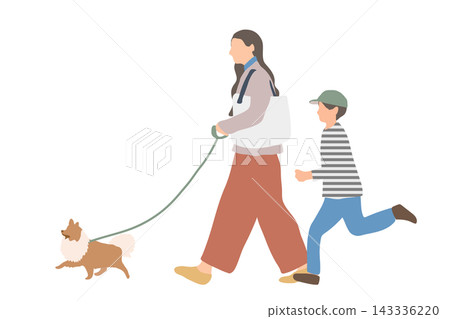 一位母親和她的兒子正在遛狗 一位母親和她的兒子正在遛狗 143336220