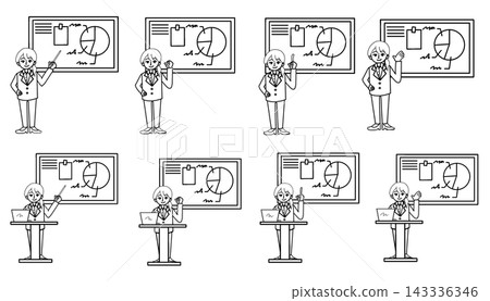 A set of variations of a woman in a suit giving a presentation in front of a whiteboard (monochrome, vector, and line art images). A set of variations of a woman in a suit giving a presentation in front of a whiteboard (monochrome, vector, and line art images). 143336346