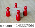 Red figure pegs having a meeting or discussion. Workplace concept and inclusion concept. 143337569