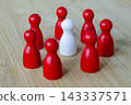 Diverse colorful figures surrounding a distinct individual representing belonging, inclusion, equity, or discrimination. 143337571