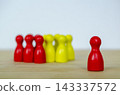 Red and Yellow figures positioned together and lead by the leader, representing diversity, equal opportunity, inclusion, and collaborative leadership 143337572