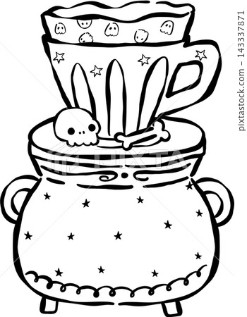 Spooky Cafe Halloween Outline Coffee Pour Over Cauldron Hand Drawn Black and White Spooky Cafe Halloween Outline Coffee Pour Over Cauldron Hand Drawn Black and White 143337871